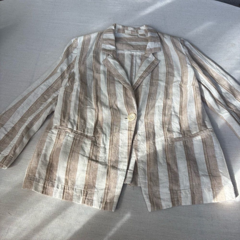 Chico’s Tan Striped Linen Cotton Blend Blazer Jacket 0/S | Coastal